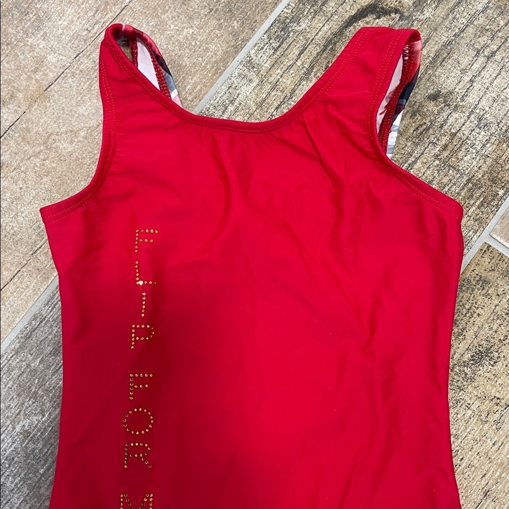 K-Bee Red Plaid Gymnastics Leotard Leo Size 9/10 - Picture 5 of 5